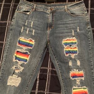 Trendy Distressed Blue Jeans with Rainbow Details